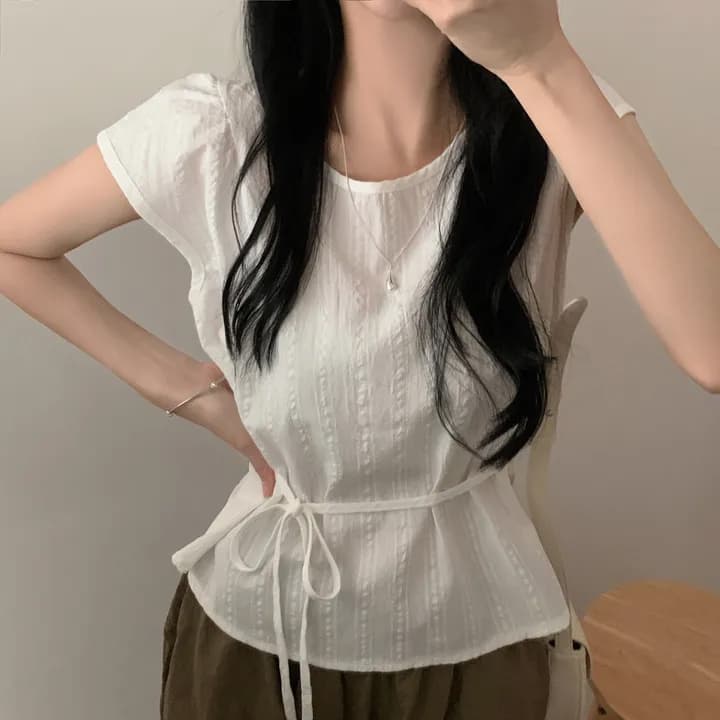 있음 선적 chic 라운드 넥 허리 수축 끈 셔츠