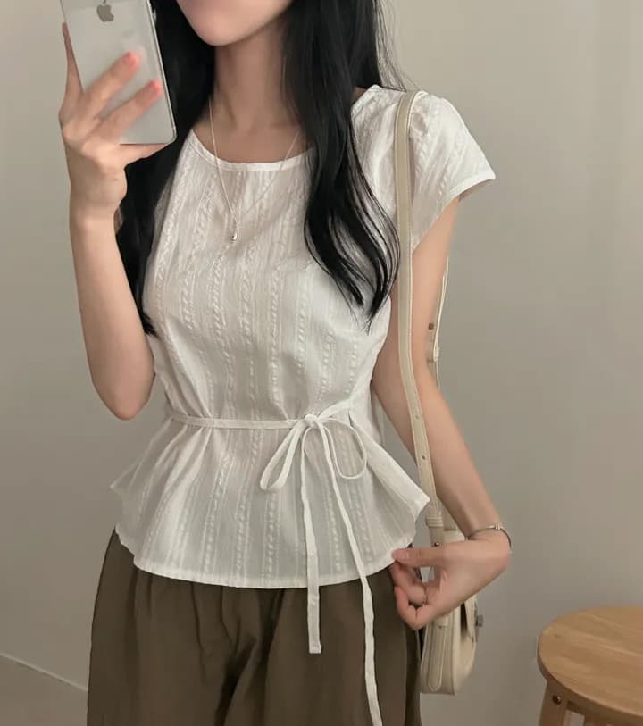 있음 선적 chic 라운드 넥 허리 수축 끈 셔츠 이미지 4