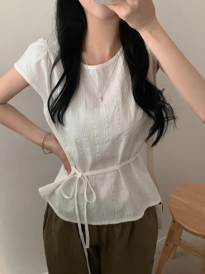 있음 선적 chic 라운드 넥 허리 수축 끈 셔츠 상세 이미지 5