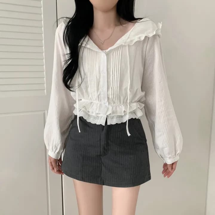 있음 선적 프랑스식 디자인 허리밴드 허리 수축 후드 레이스 긴팔 여성 셔츠 상세 이미지 7