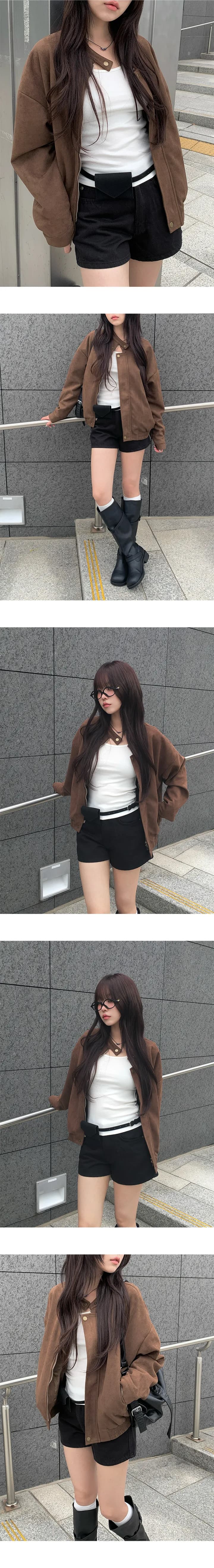 있음 선적 레트로 스탠드 칼라 지퍼 오토바이 재킷 여성 코트 상세 이미지 1
