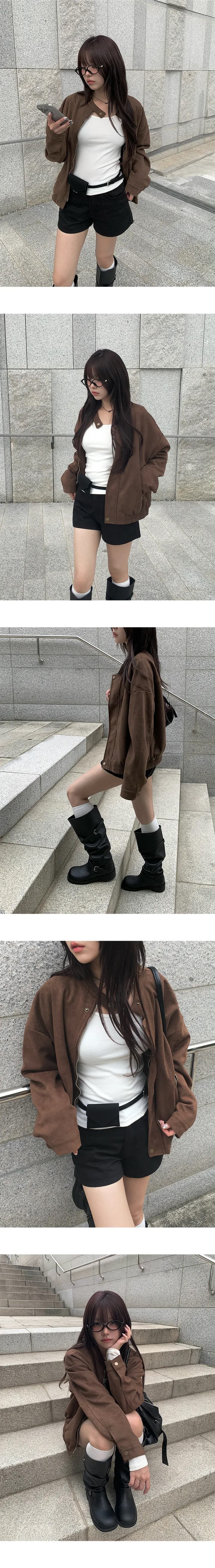 있음 선적 레트로 스탠드 칼라 지퍼 오토바이 재킷 여성 코트 상세 이미지 4