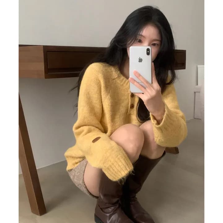 있음 선적 chic 개성 반 개방 라운드 넥 루즈핏 느긋한 스웨터 상세 이미지 8