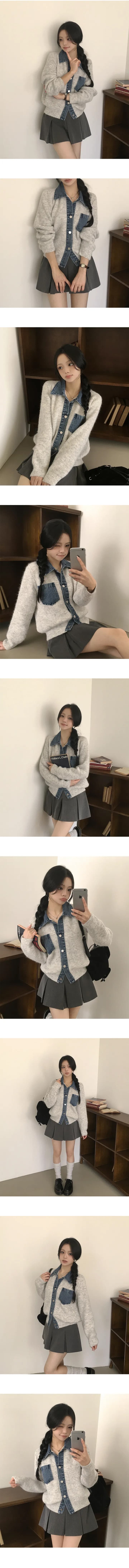 있음 선적 POLO 칼라 패치워크 데님 작은 대중 디자인 센스 니트 스웨터 상세 이미지 3