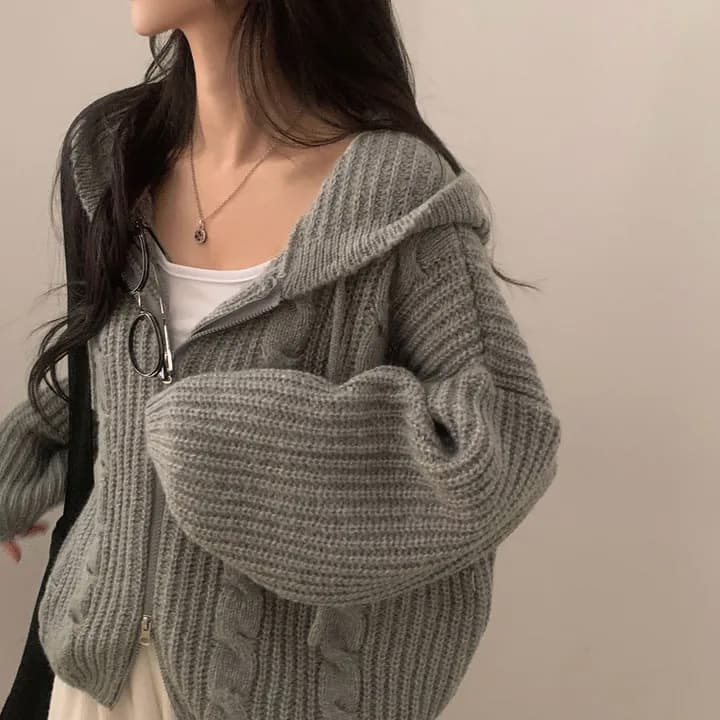 있음 선적 chic 레트로 두꺼운 후드 지퍼 긴팔 스웨터 코트 상세 이미지 14