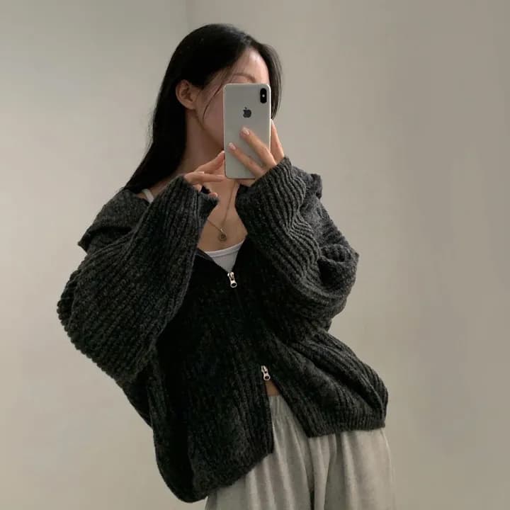 있음 선적 chic 레트로 두꺼운 후드 지퍼 긴팔 스웨터 코트 상세 이미지 20
