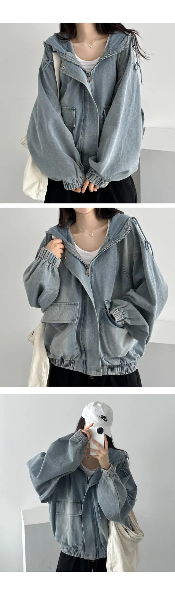 있음 선적 캐주얼 후드 데님 루즈핏 여성 코트 상세 이미지 2