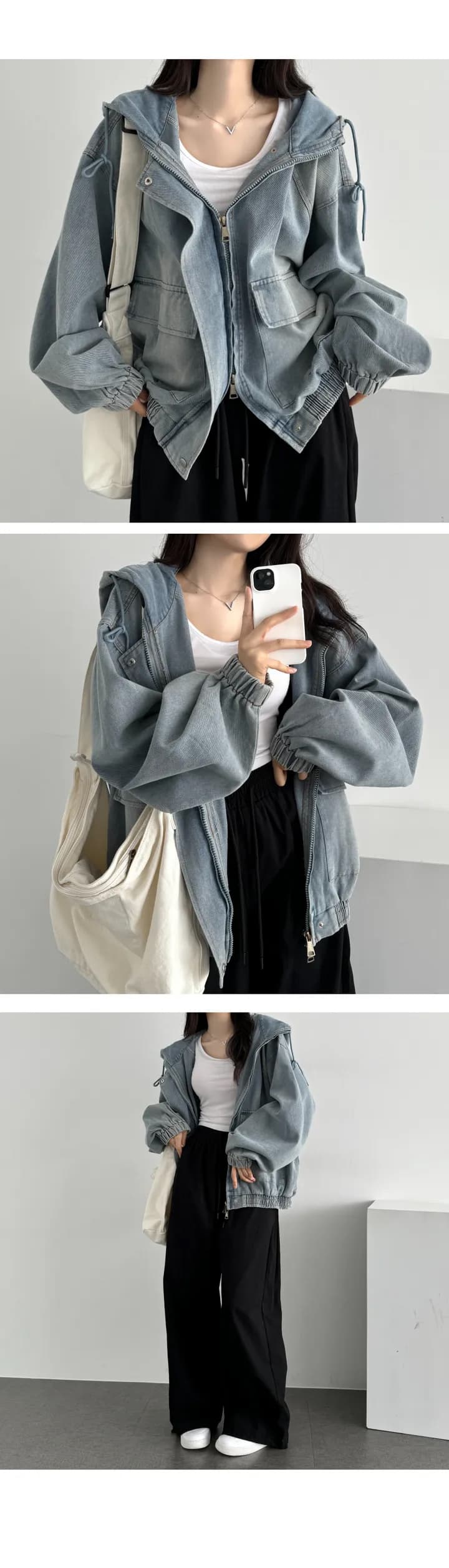 있음 선적 캐주얼 후드 데님 루즈핏 여성 코트 상세 이미지 3