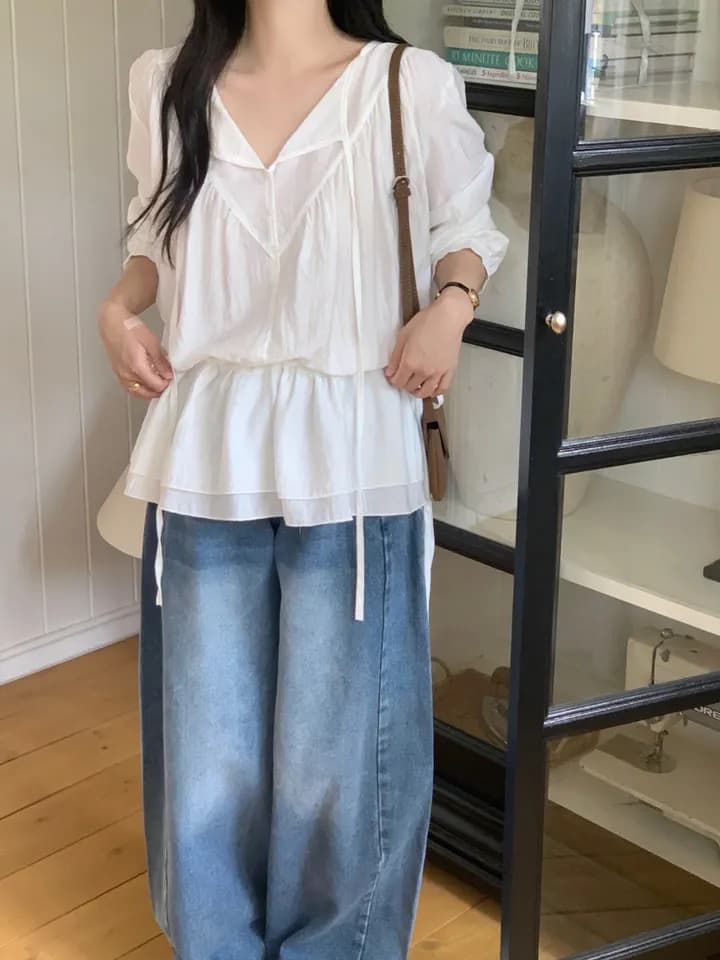 있음 선적 chic 펌프 로프 슬림해 보이는 프릴 긴팔 셔츠 상세 이미지 7
