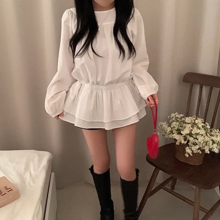 있음 선적 chic 패션 라운드 넥 허리 수축 슬림해 보이는 긴팔 셔츠 상세 이미지 4
