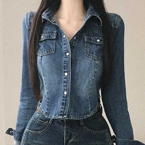 있음 선적 chic 쇼트 스타일 허리 수축 슬림해 보이는 마 오래된 슬림해 보이는 데님 재킷