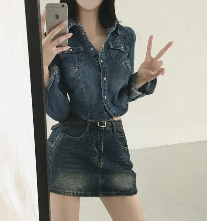 있음 선적 chic 쇼트 스타일 허리 수축 슬림해 보이는 마 오래된 슬림해 보이는 데님 재킷 상세 이미지 1