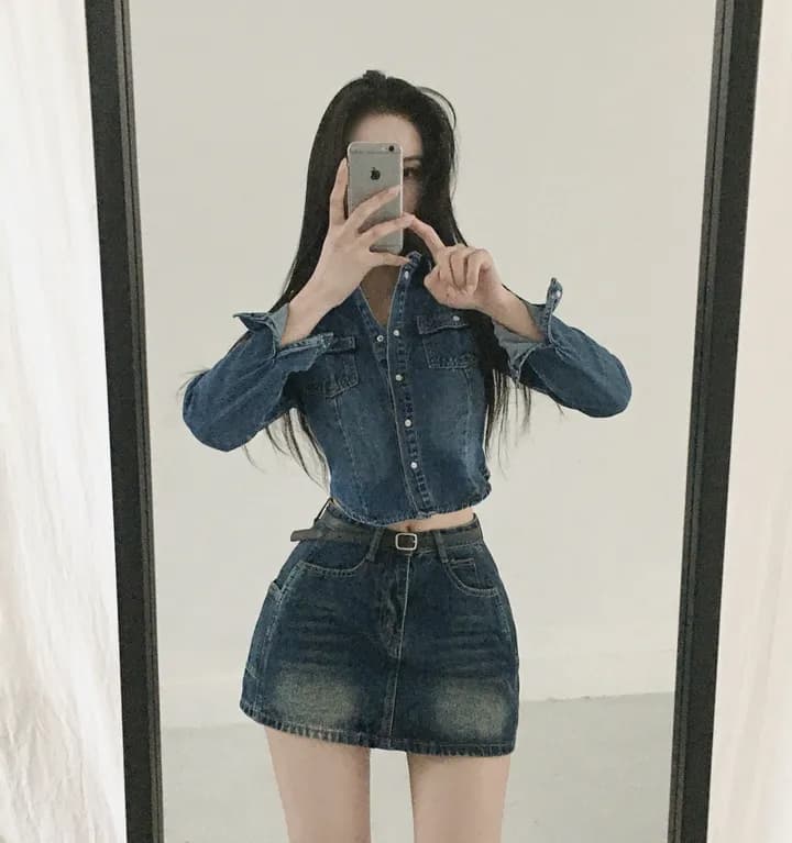 있음 선적 chic 쇼트 스타일 허리 수축 슬림해 보이는 마 오래된 슬림해 보이는 데님 재킷 상세 이미지 2