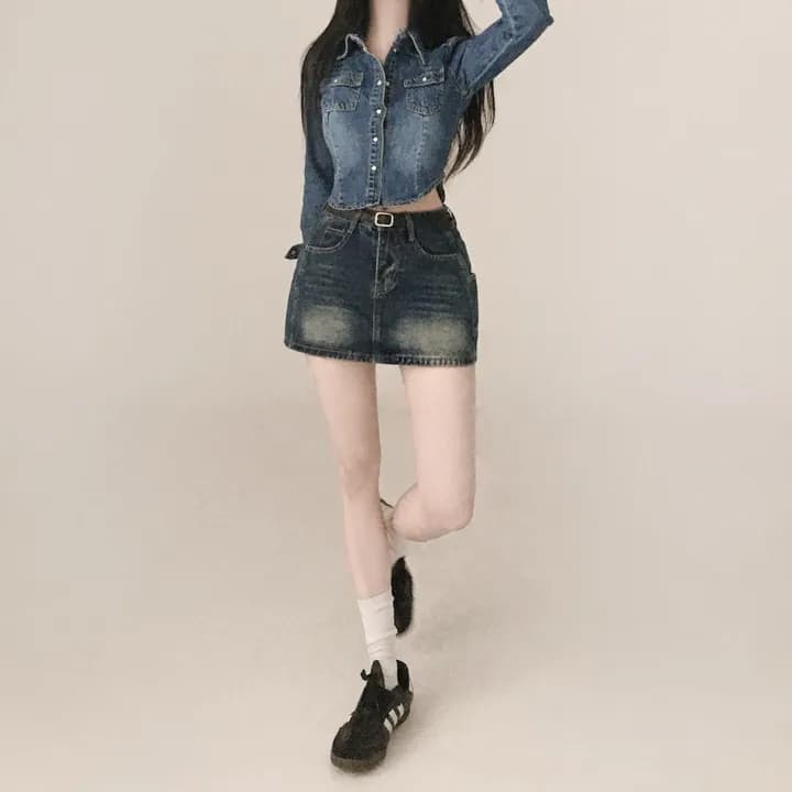 있음 선적 chic 쇼트 스타일 허리 수축 슬림해 보이는 마 오래된 슬림해 보이는 데님 재킷 상세 이미지 3