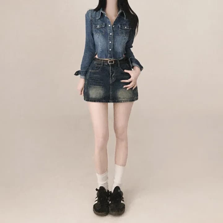 있음 선적 chic 쇼트 스타일 허리 수축 슬림해 보이는 마 오래된 슬림해 보이는 데님 재킷 상세 이미지 4