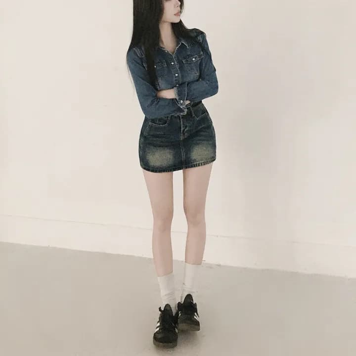있음 선적 chic 쇼트 스타일 허리 수축 슬림해 보이는 마 오래된 슬림해 보이는 데님 재킷 상세 이미지 5