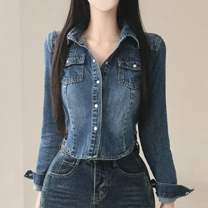 있음 선적 chic 쇼트 스타일 허리 수축 슬림해 보이는 마 오래된 슬림해 보이는 데님 재킷 상세 이미지 6