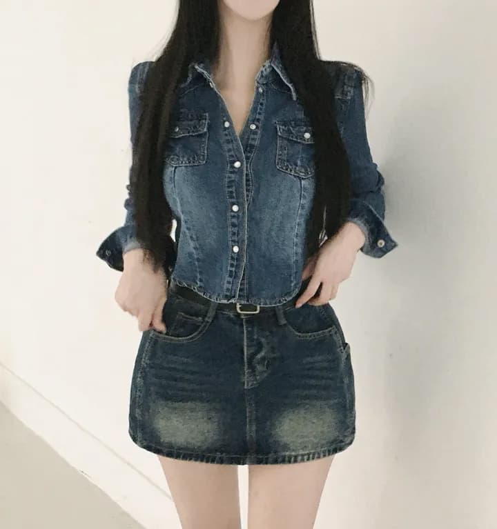 있음 선적 chic 쇼트 스타일 허리 수축 슬림해 보이는 마 오래된 슬림해 보이는 데님 재킷 상세 이미지 8