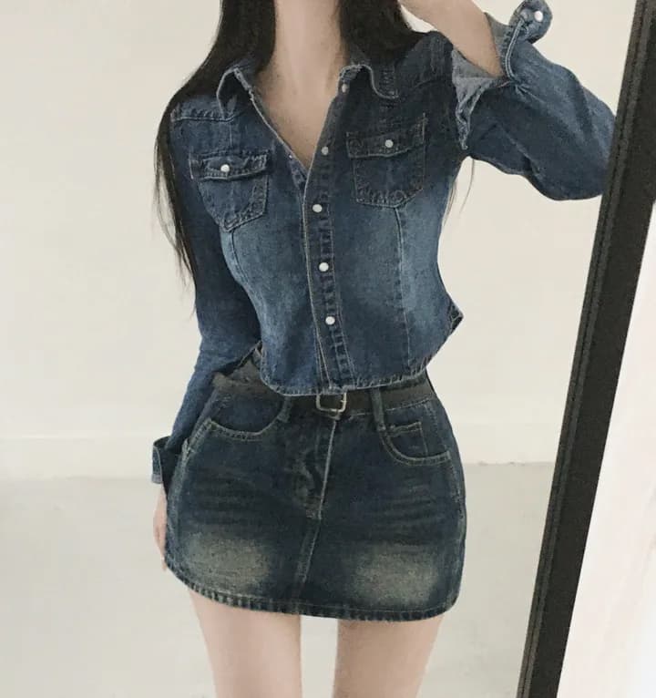 있음 선적 chic 쇼트 스타일 허리 수축 슬림해 보이는 마 오래된 슬림해 보이는 데님 재킷 상세 이미지 9