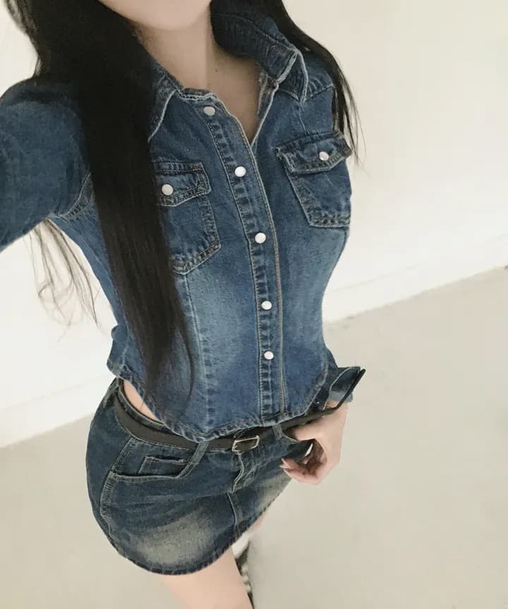 있음 선적 chic 쇼트 스타일 허리 수축 슬림해 보이는 마 오래된 슬림해 보이는 데님 재킷 상세 이미지 10