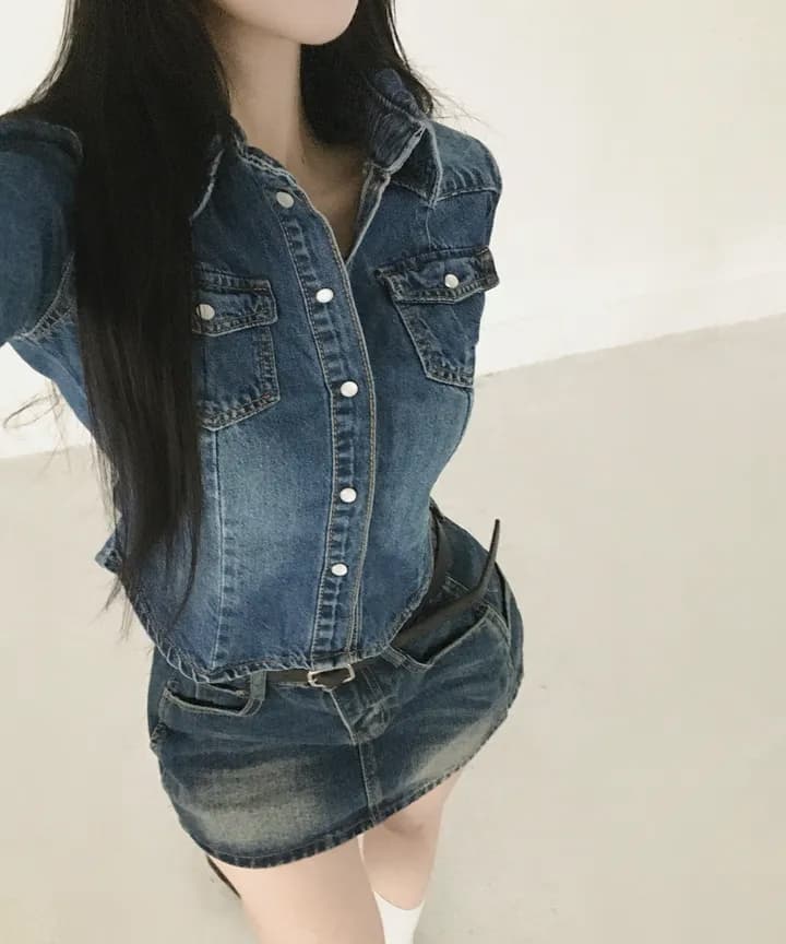 있음 선적 chic 쇼트 스타일 허리 수축 슬림해 보이는 마 오래된 슬림해 보이는 데님 재킷 상세 이미지 11