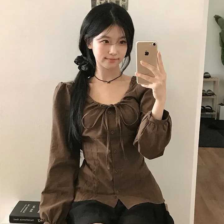 있음 선적 허리 수축 슬림해 보이는 다용도 긴팔 셔츠 이미지 2