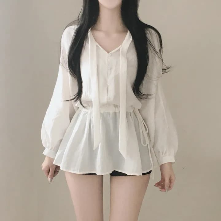 있음 선적 chic 패션 단색 바람 루즈핏 레이스업 긴팔 셔츠