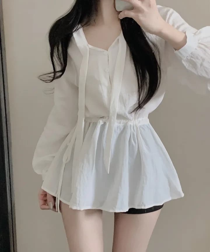 있음 선적 chic 패션 단색 바람 루즈핏 레이스업 긴팔 셔츠 이미지 4