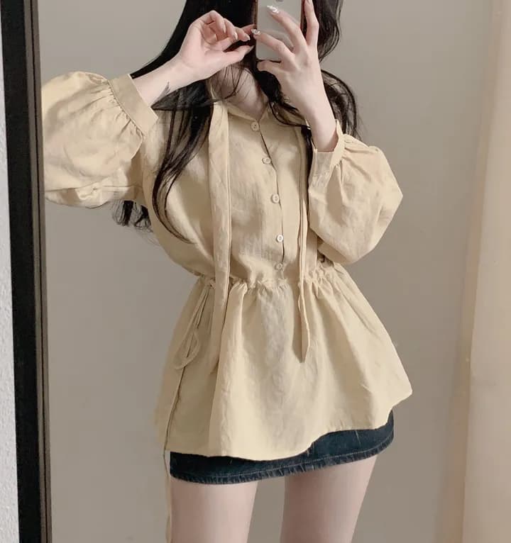 있음 선적 chic 패션 단색 바람 루즈핏 레이스업 긴팔 셔츠 상세 이미지 21