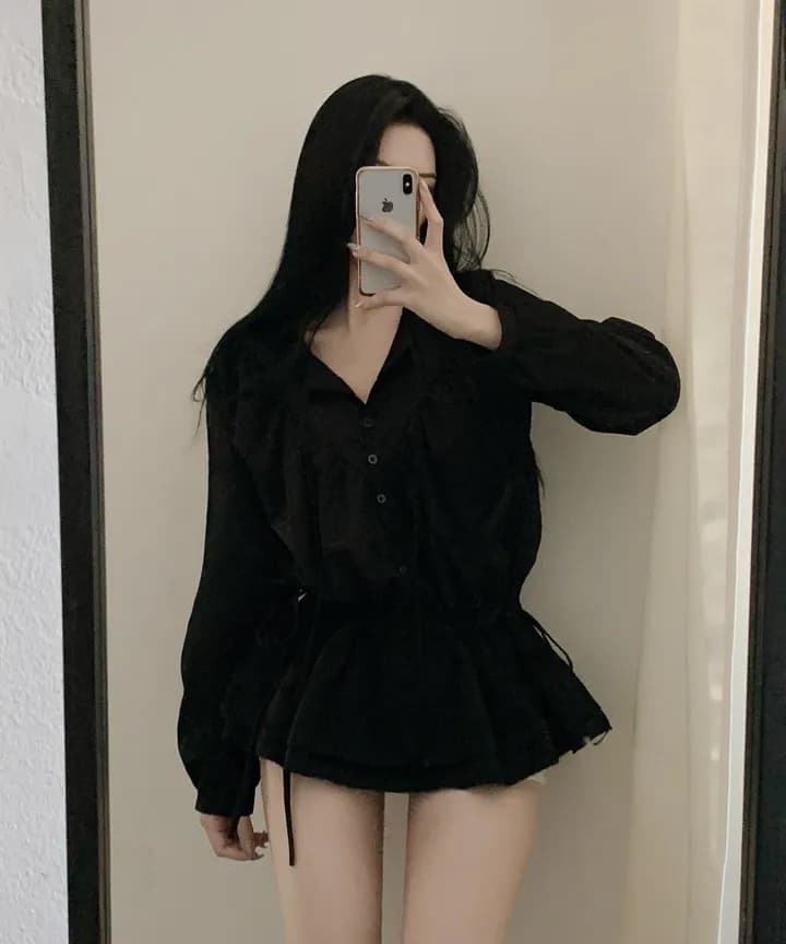 있음 선적 펌프 로프 슬림해 보이는 레이스업 긴팔 여성 셔츠 이미지 4