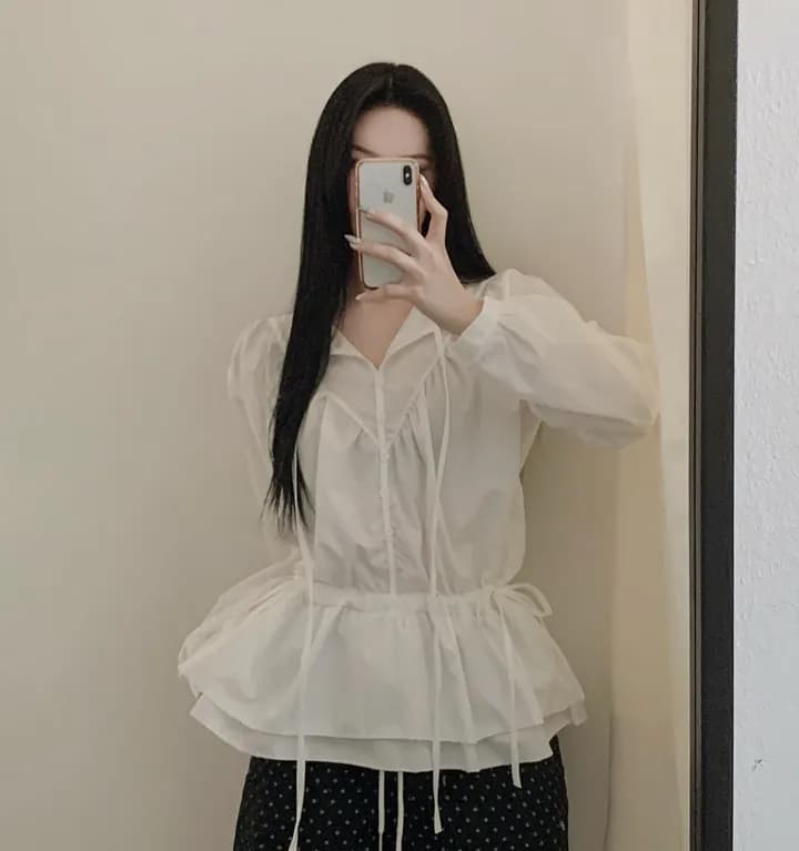 있음 선적 펌프 로프 슬림해 보이는 레이스업 긴팔 여성 셔츠 상세 이미지 5
