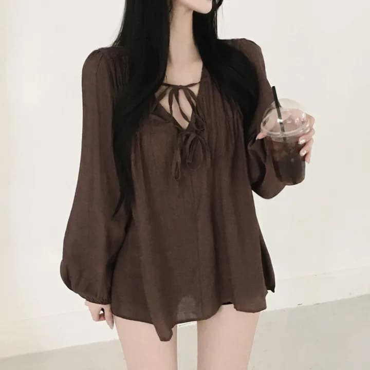 있음 선적 chic 패션 루즈핏 레이스업 긴팔 셔츠 이미지 2