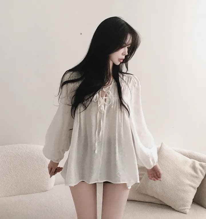 있음 선적 chic 패션 루즈핏 레이스업 긴팔 셔츠 상세 이미지 4