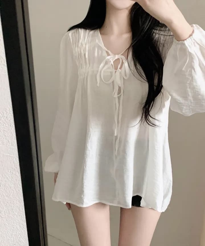 있음 선적 chic 패션 루즈핏 레이스업 긴팔 셔츠 상세 이미지 8