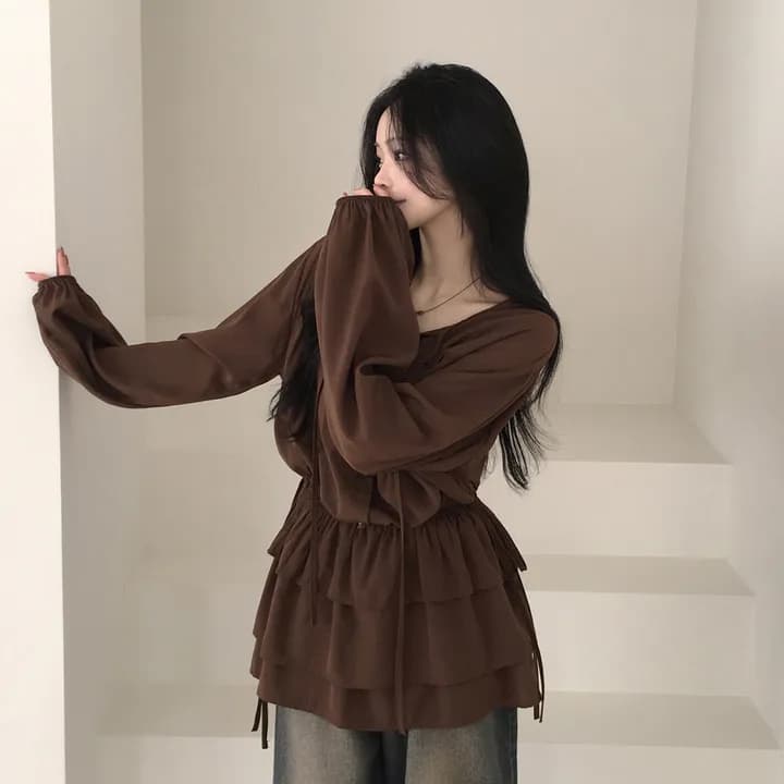 있음 선적 chic 패션 허리 수축 슬림해 보이는 긴팔 드레스 이미지 3