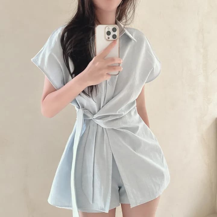 chic 패션 몸매 가꾸기 슬림해 보이는 끈 반팔 셔츠 반바지 세트