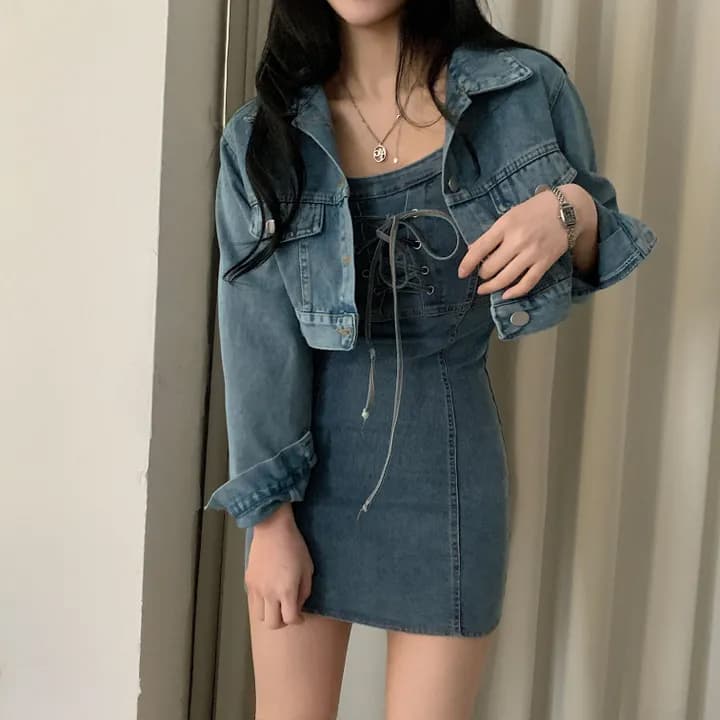 있음 선적 몸매 가꾸기 슬림해 보이는 슬립 데님 드레스 상세 이미지 9