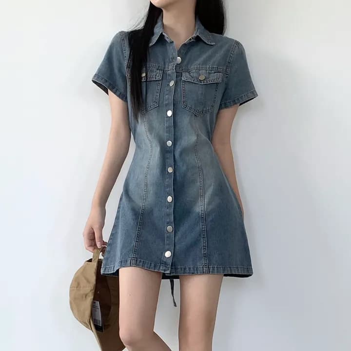 chic 패션 수리 슬림해 보이는 싱글 줄 버튼 워시 물 데님 드레스