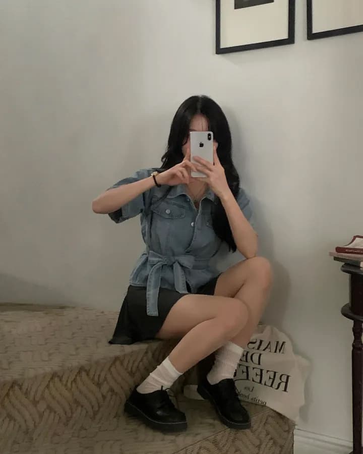 chic 쇼트 스타일 벨트 데님 재킷 상세 이미지 4