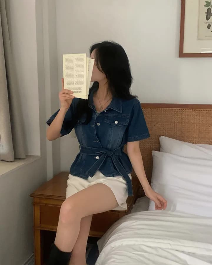 chic 쇼트 스타일 벨트 데님 재킷 상세 이미지 14