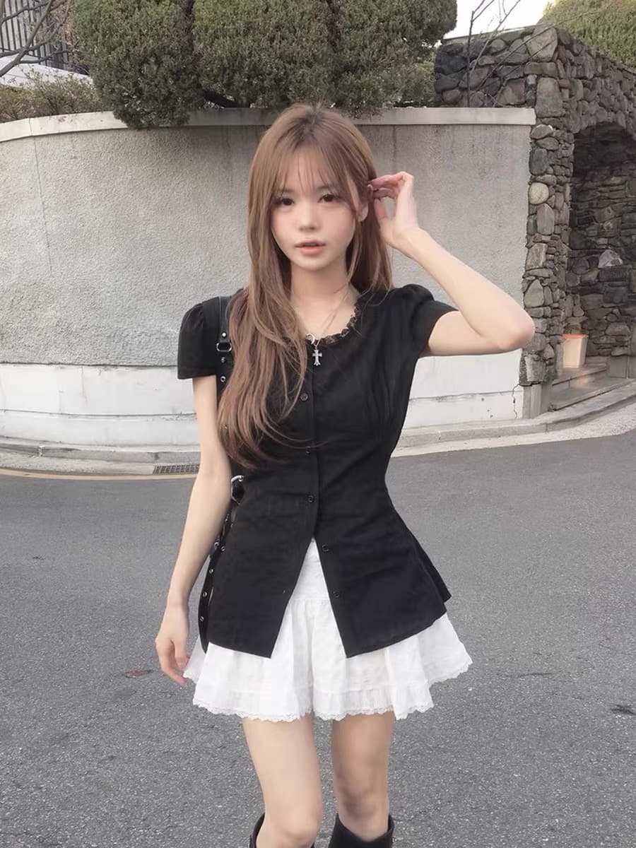 있음 선적 chic 여름 분기 별 칼라 레이스 패치워크 셔츠 레이스업 허리 수축 작은 셔츠 맨위 이미지 4