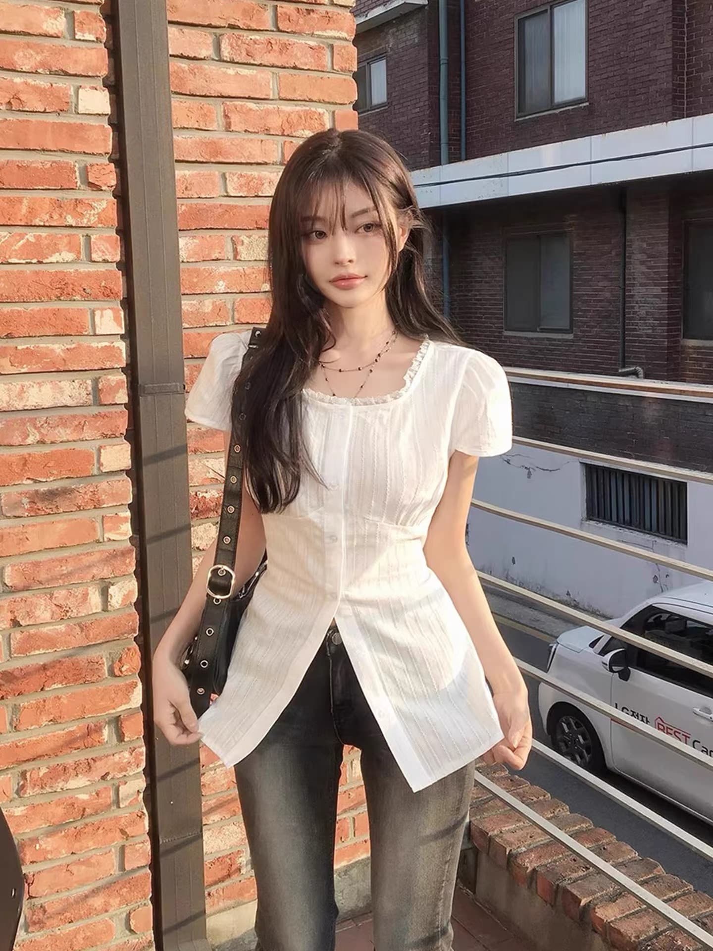 있음 선적 chic 여름 분기 별 칼라 레이스 패치워크 셔츠 레이스업 허리 수축 작은 셔츠 맨위 상세 이미지 1
