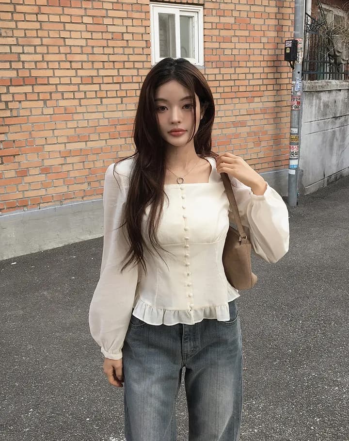 chic 패션 광장 칼라 스트랩 싱글 줄 버튼 반팔 셔츠 상세 이미지 1
