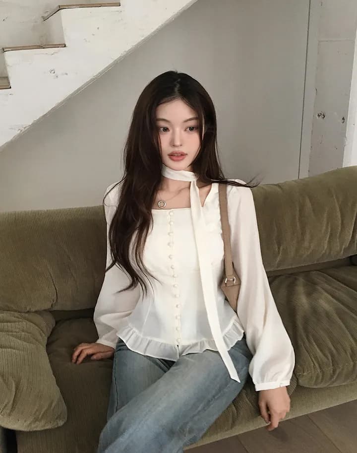 chic 패션 광장 칼라 스트랩 싱글 줄 버튼 반팔 셔츠 상세 이미지 14