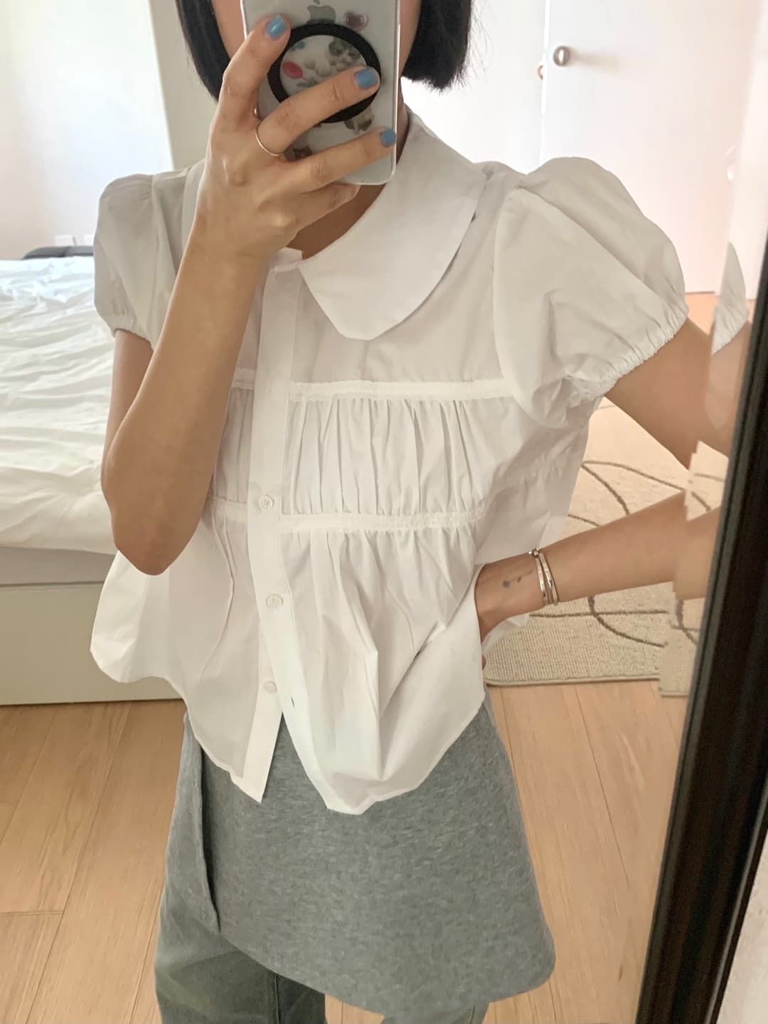 있음 선적 달콤함 연령 감소 베이비 칼라 레이스 레이스 주름 장식 싱글 줄 버튼 거품 소매 셔츠 상세 이미지 9
