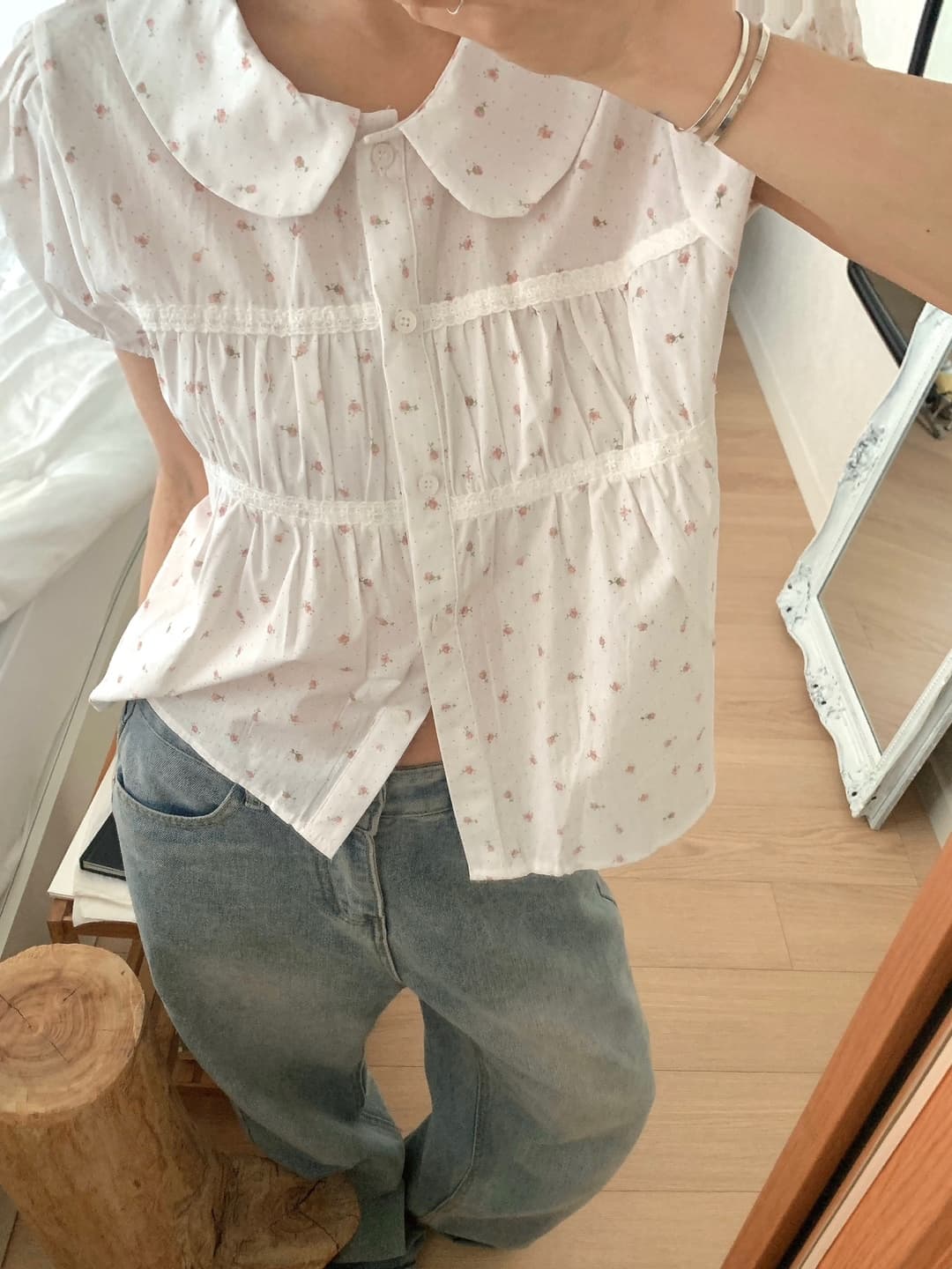 있음 선적 달콤함 연령 감소 베이비 칼라 레이스 레이스 주름 장식 싱글 줄 버튼 거품 소매 셔츠 상세 이미지 19
