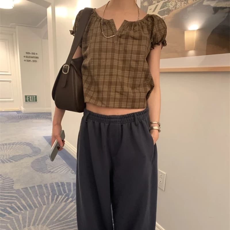 있음 선적 chic 쇼트 스타일 격자 무늬 셔츠 s d 상세 이미지 3