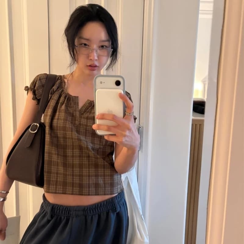 있음 선적 chic 쇼트 스타일 격자 무늬 셔츠 s d 상세 이미지 8