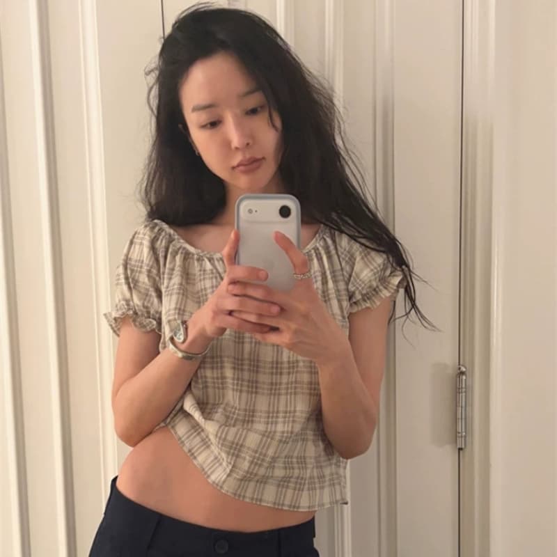 있음 선적 chic 쇼트 스타일 격자 무늬 셔츠 s d 상세 이미지 10