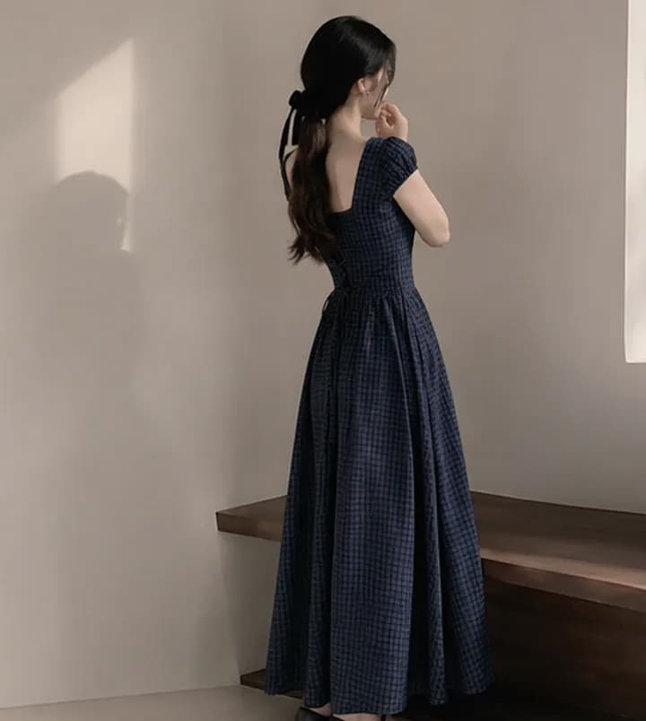 있음 선적 chic 레트로 프랑스식 광장 칼라 체크무늬 거품 소매 드레스 상세 이미지 1